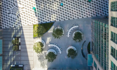 a courtyard between buildings